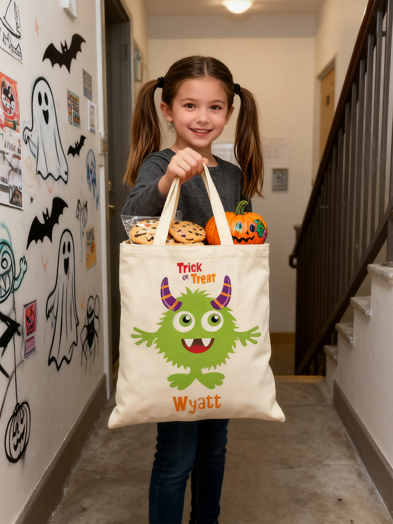 Halloween Green Short-legged Monster Canvas Candy Bag